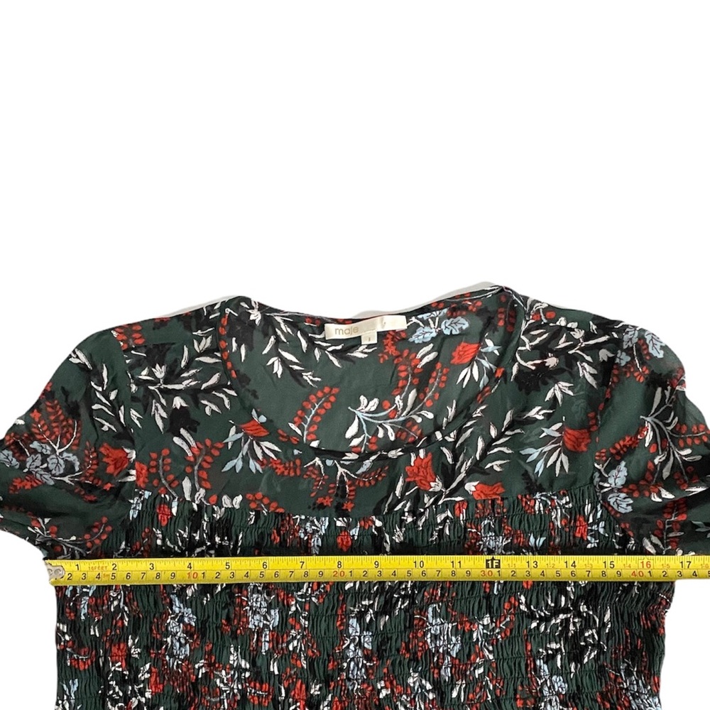 Maje Paris Lo Fleur Crepe Georgette Top Green Floral Sheer Smocked Blouse - Picture 7 of 10